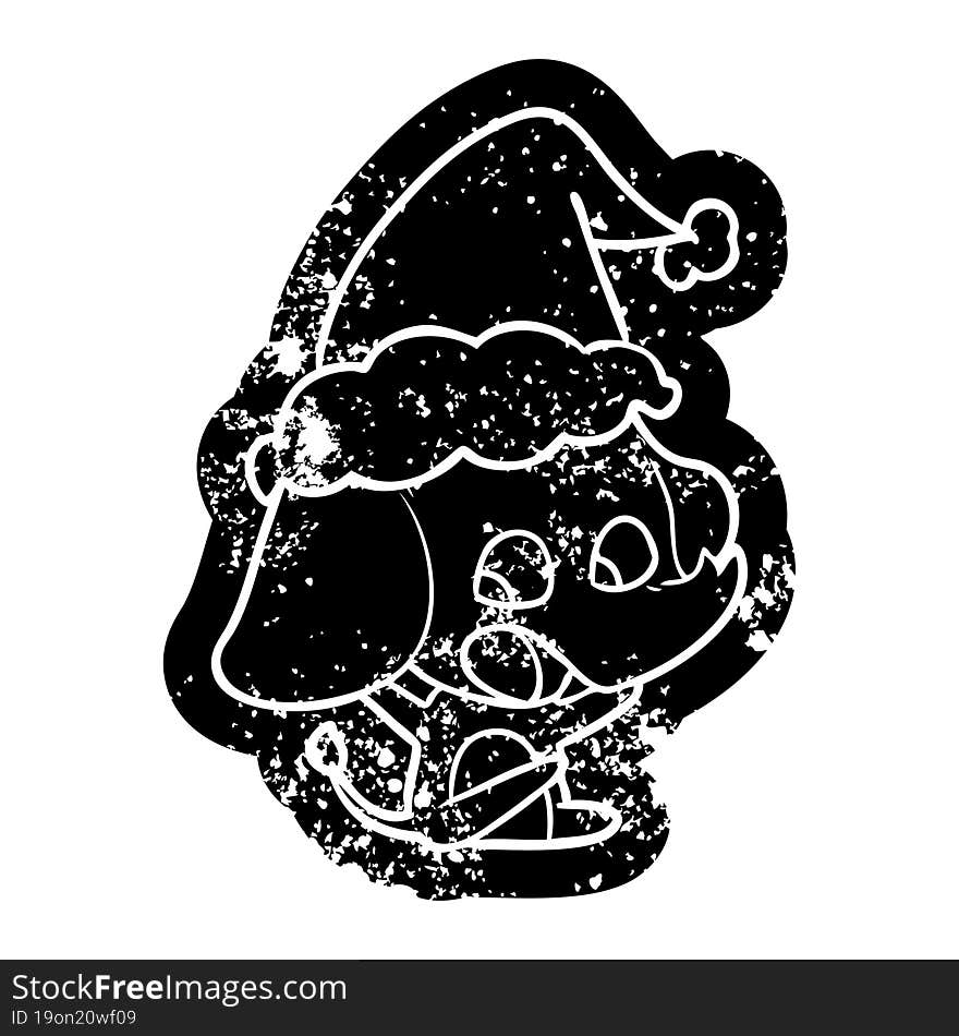 cute cartoon distressed icon of a elephant wearing santa hat