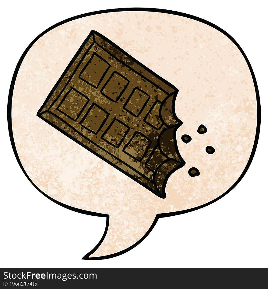 cartoon bar of chocolate with speech bubble in retro texture style