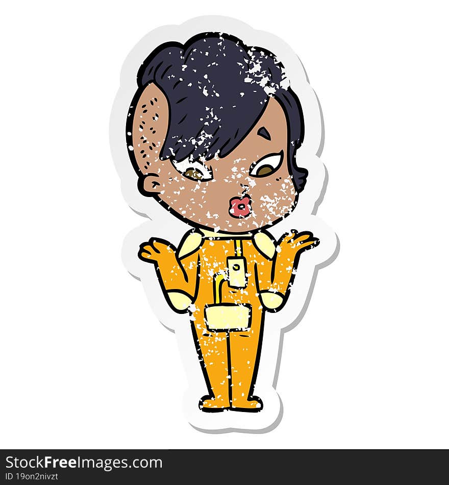 distressed sticker of a cartoon surprised girl in science fiction clothes