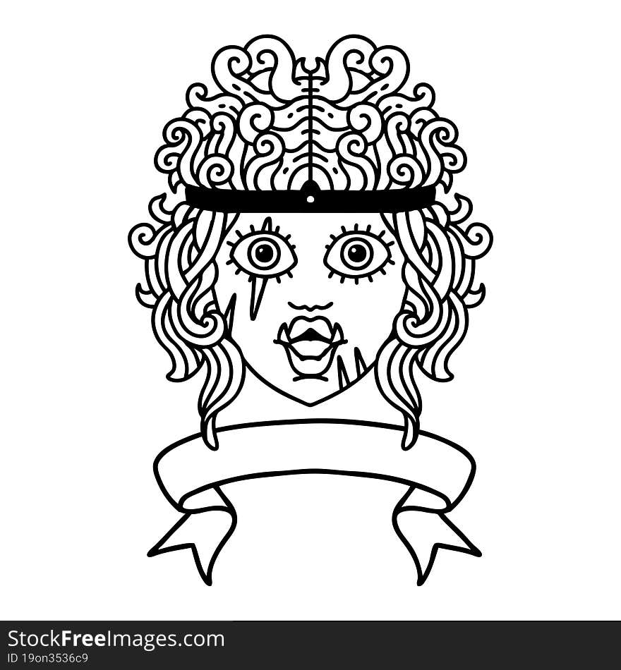 Black and White Tattoo linework Style orc barbarian character face with banner. Black and White Tattoo linework Style orc barbarian character face with banner