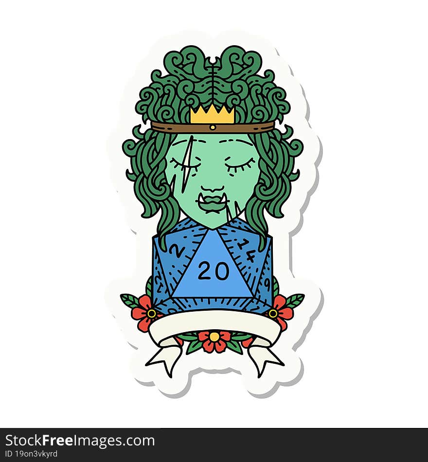 sticker of a half orc barbarian character with natural 20 dice roll. sticker of a half orc barbarian character with natural 20 dice roll