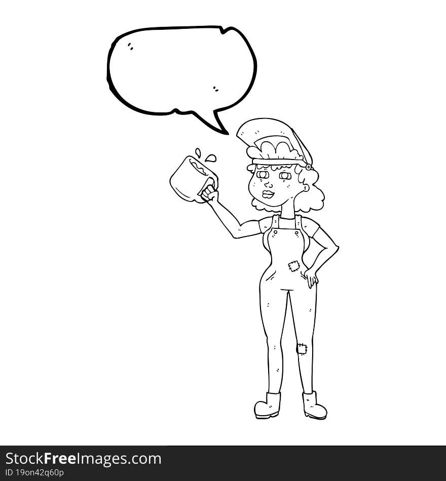 speech bubble cartoon woman in dungarees