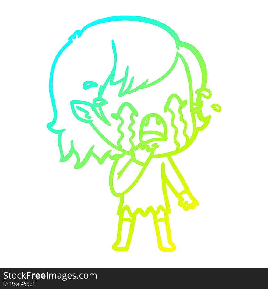 Cold Gradient Line Drawing Cartoon Crying Vampire Girl