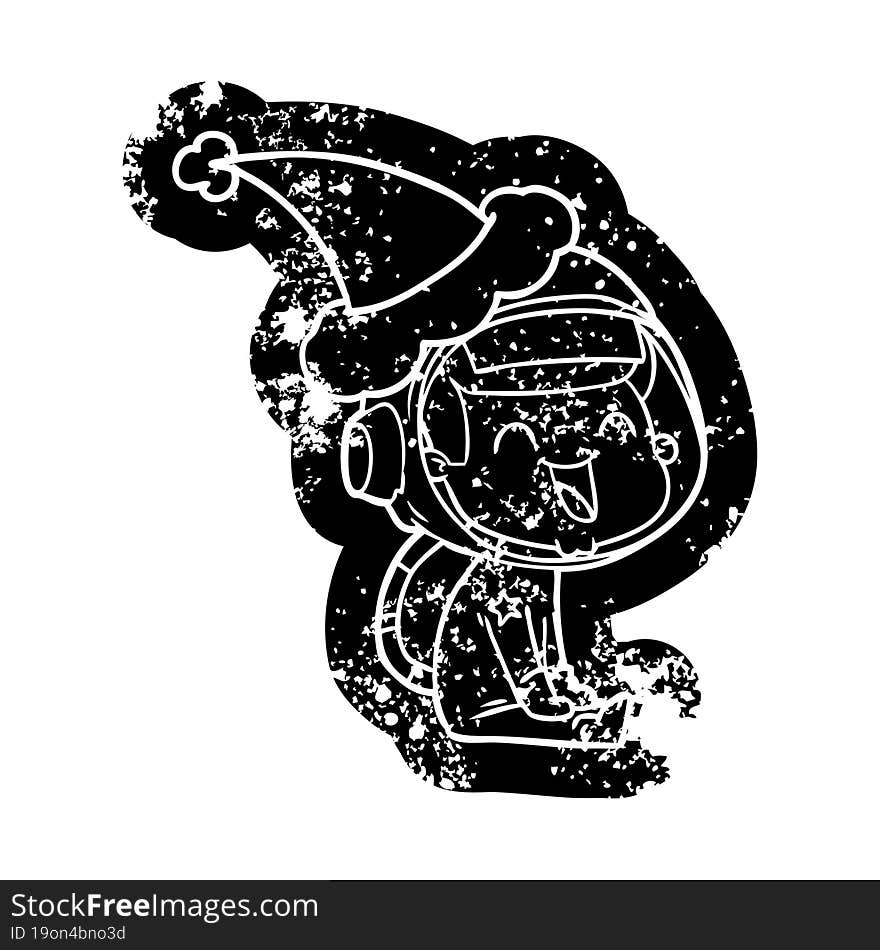 happy cartoon distressed icon of a astronaut wearing santa hat