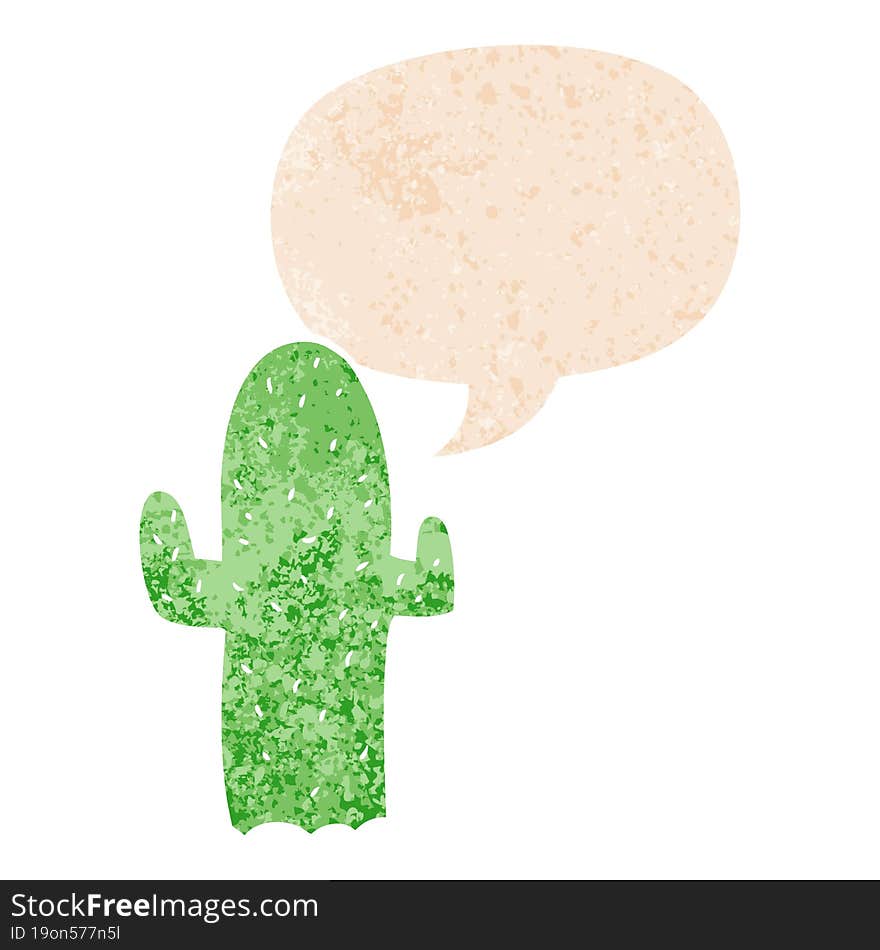 cartoon cactus and speech bubble in retro textured style