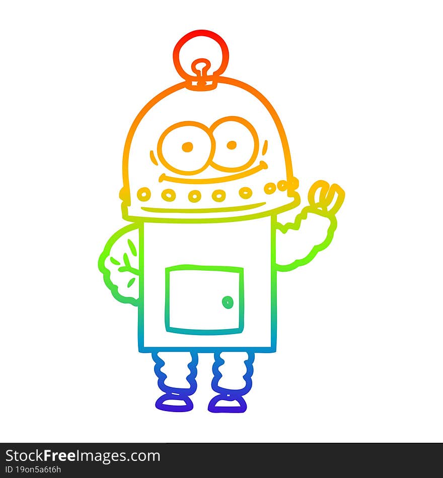 rainbow gradient line drawing happy carton robot with light bulb