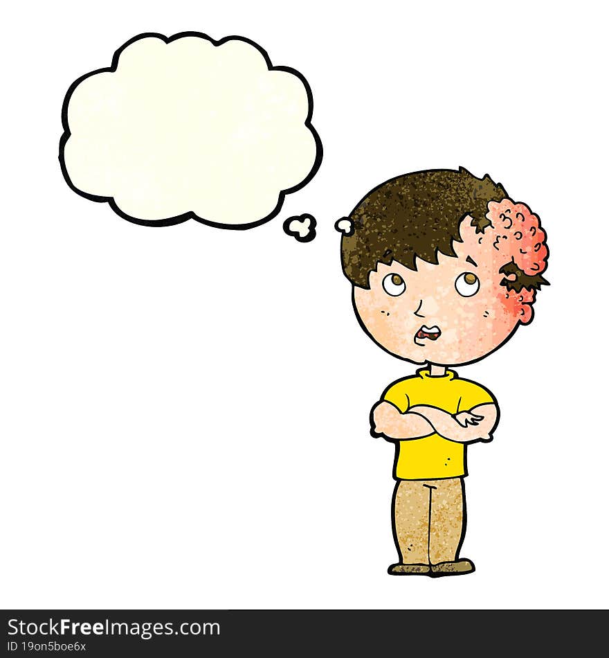 Cartoon Boy With Growth On Head With Thought Bubble