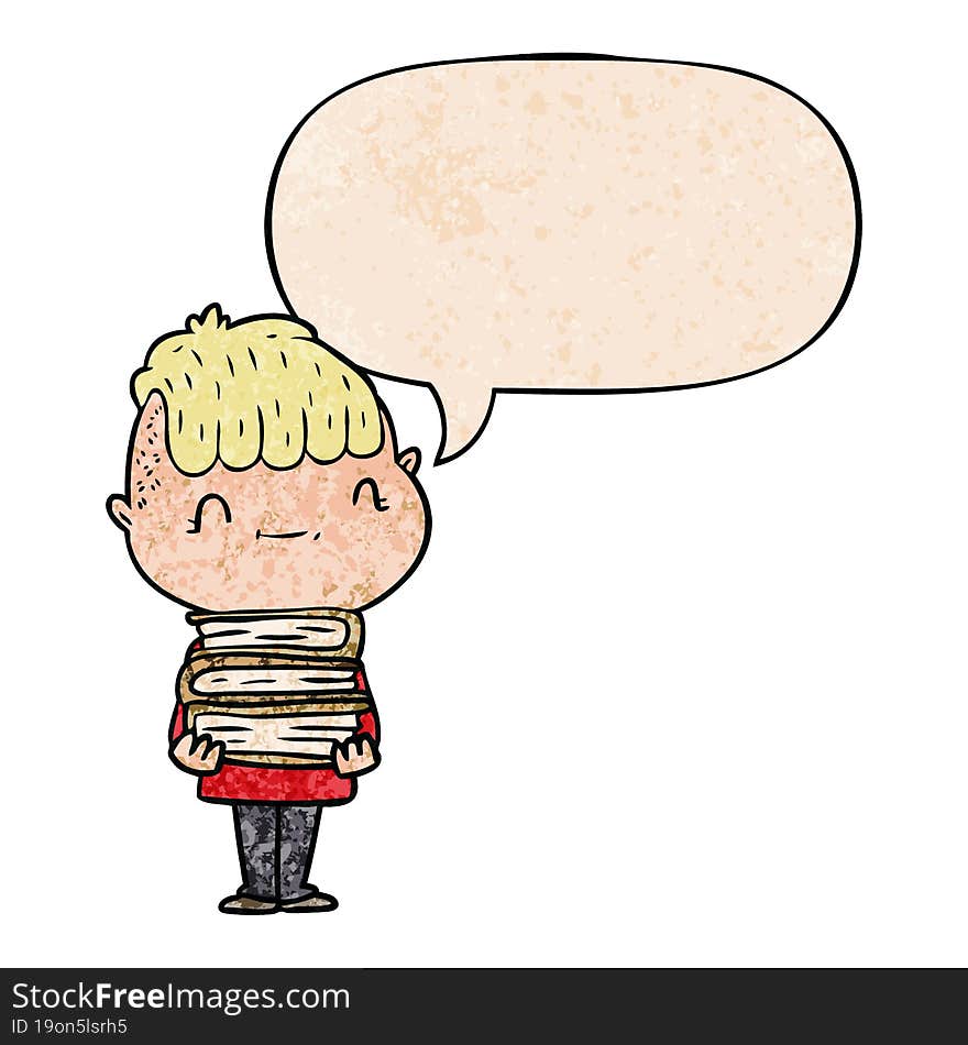 cartoon friendly boy and books and speech bubble in retro texture style