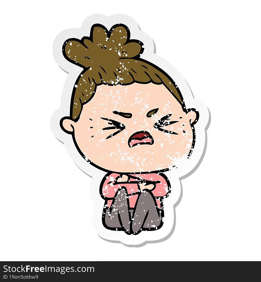 distressed sticker of a cartoon angry woman