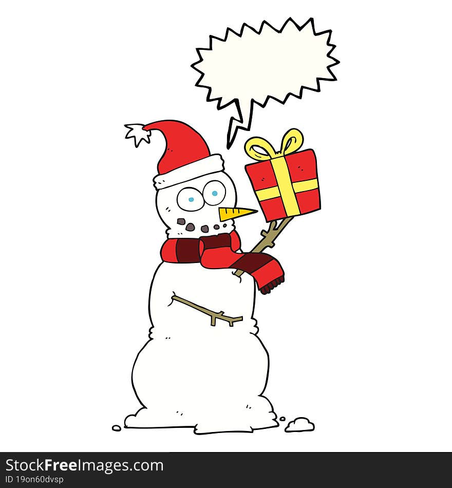 speech bubble cartoon snowman holding present