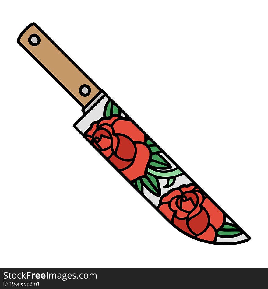 traditional tattoo of a dagger and flowers