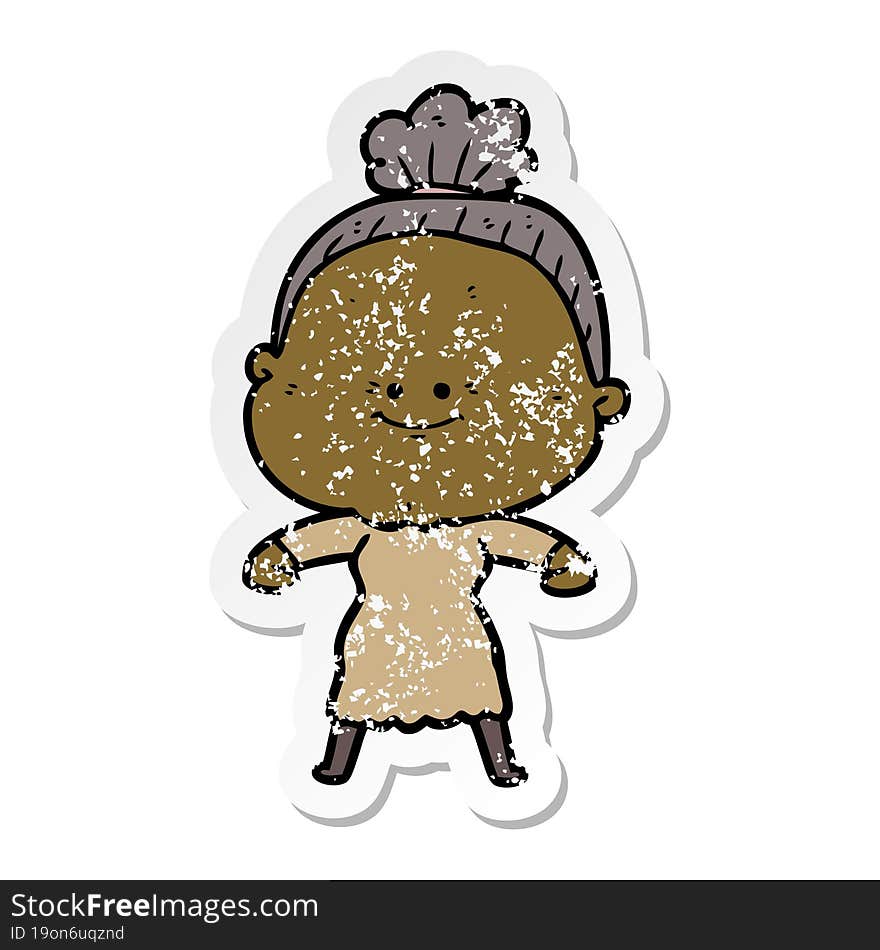 Distressed Sticker Of A Cartoon Happy Old Woman