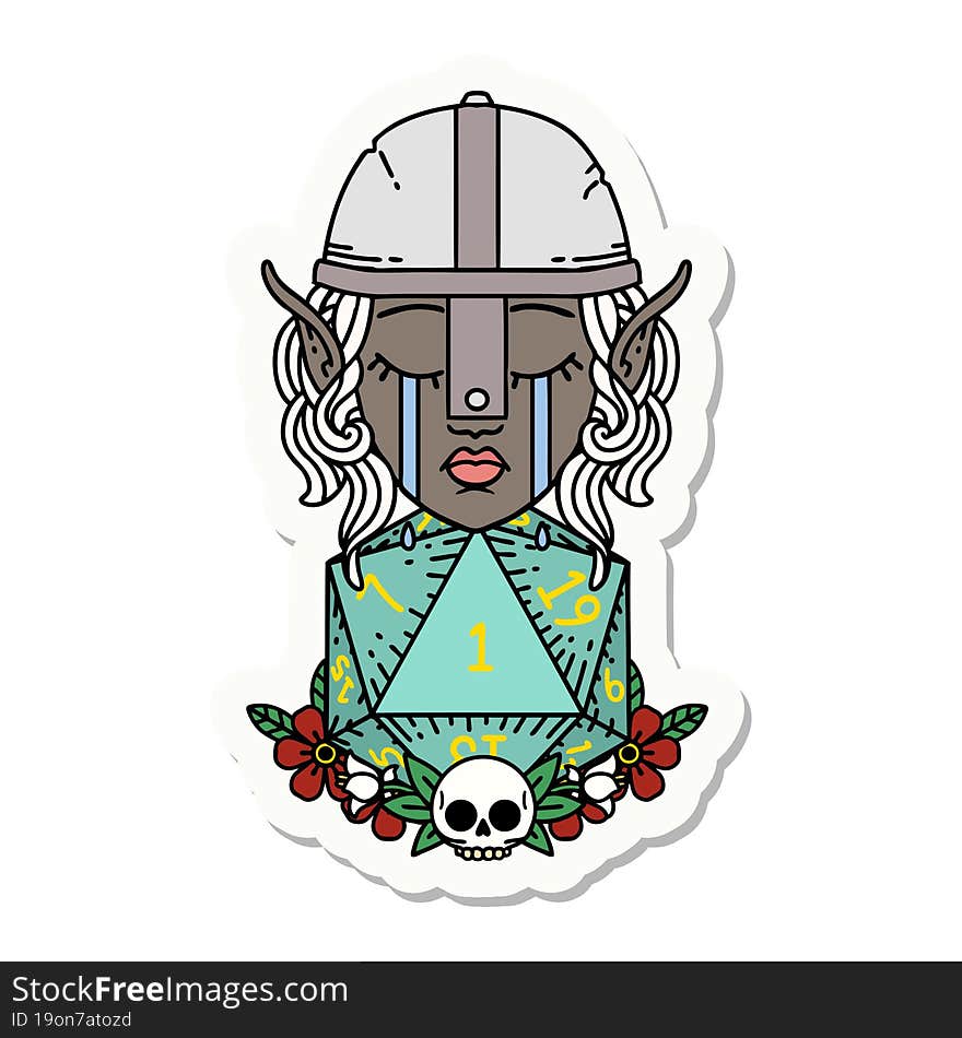 Sad Elf Fighter Character With Natural One D20 Roll Sticker