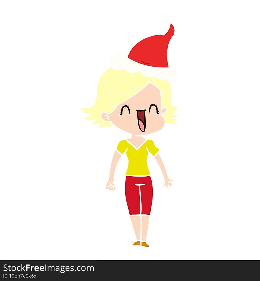 flat color illustration of a happy woman wearing santa hat