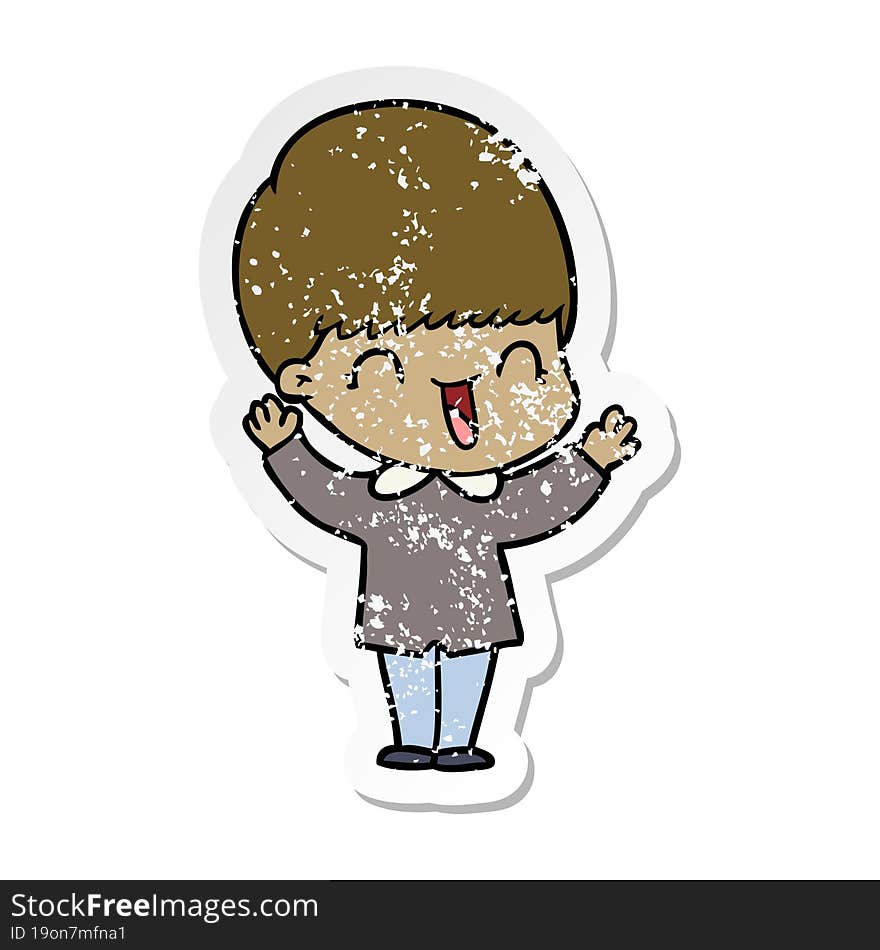 distressed sticker of a happy cartoon boy