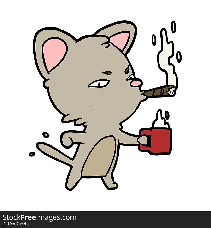 cartoon serious business cat with coffee and cigar. cartoon serious business cat with coffee and cigar