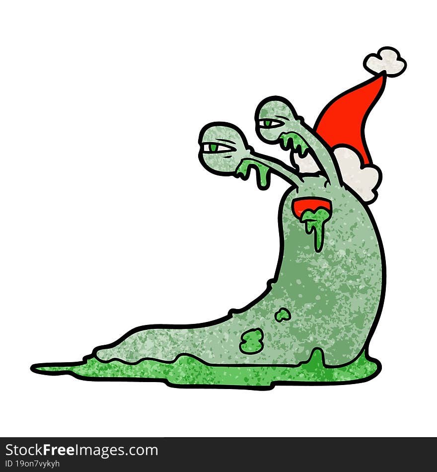 gross textured cartoon of a slug wearing santa hat