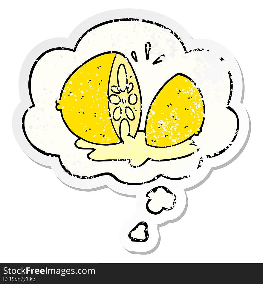 cartoon cut lemon and thought bubble as a distressed worn sticker