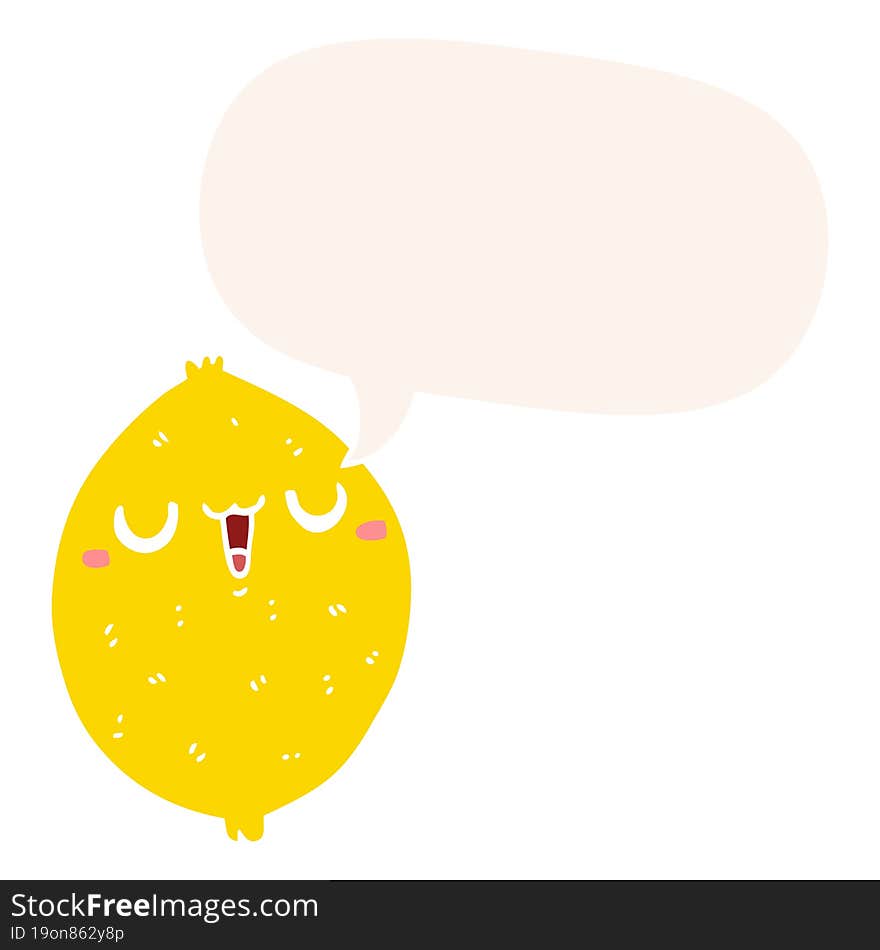 Cartoon Happy Lemon And Speech Bubble In Retro Style