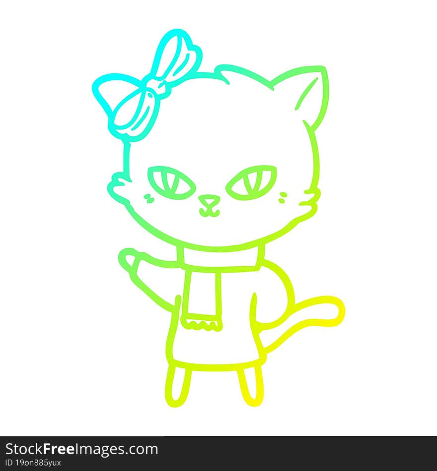 cold gradient line drawing of a cute cartoon cat in winter clothes