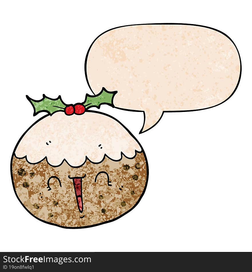 cute cartoon christmas pudding and speech bubble in retro texture style