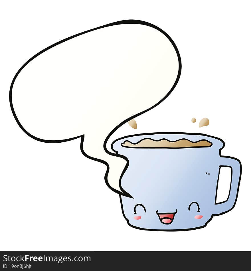 cartoon cup of coffee with speech bubble in smooth gradient style