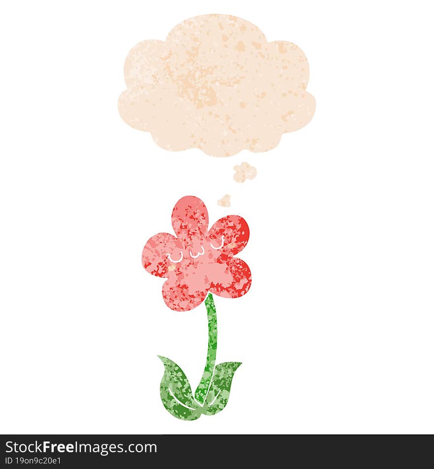 cartoon flower with thought bubble in grunge distressed retro textured style. cartoon flower with thought bubble in grunge distressed retro textured style