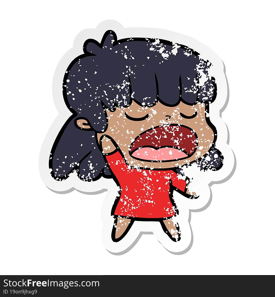 distressed sticker of a cartoon woman talking loudly