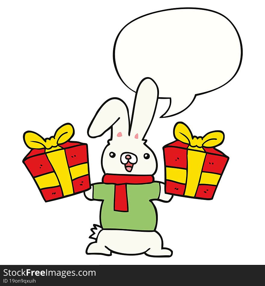 Cartoon Rabbit And Christmas Presents And Speech Bubble