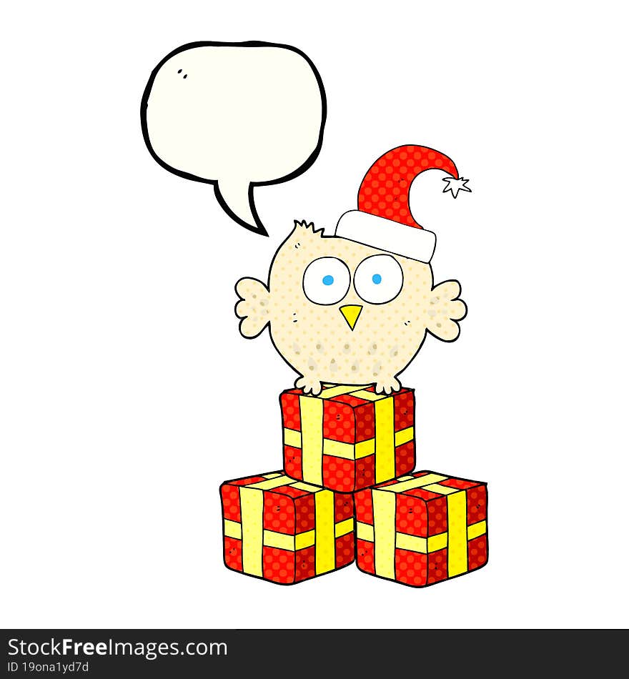 comic book speech bubble cartoon little owl wearing christmas hat