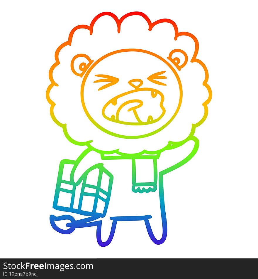 rainbow gradient line drawing cartoon lion with christmas present