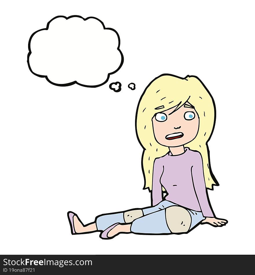 cartoon girl sitting on floor with thought bubble