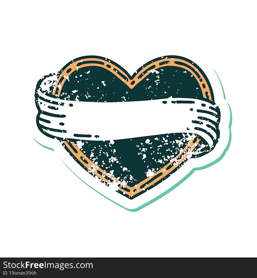 Distressed Sticker Tattoo Style Icon Of A Heart And Banner