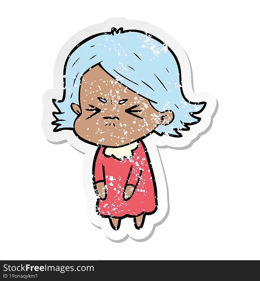 Distressed Sticker Of A Cartoon Angry Woman