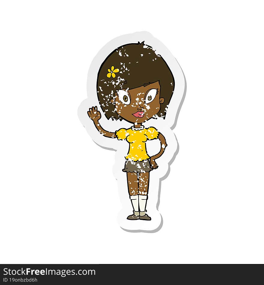 retro distressed sticker of a cartoon pretty girl waving