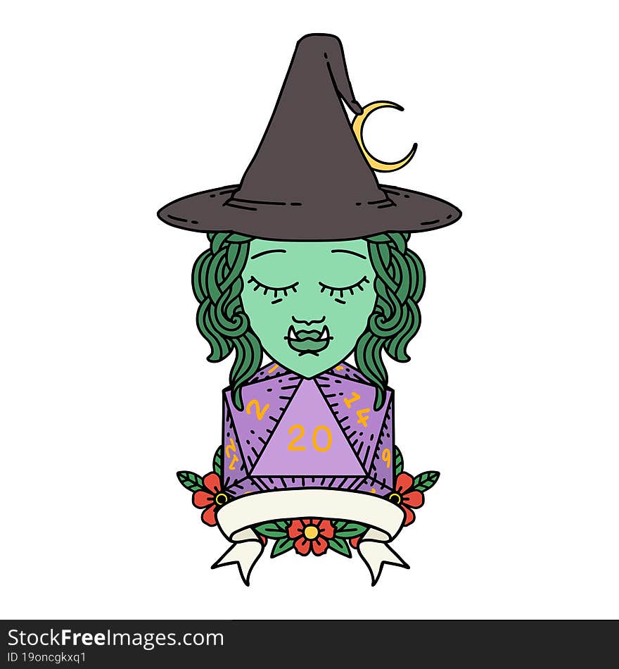 Half Orc Witch Character With Natural 20 Dice Roll Illustration