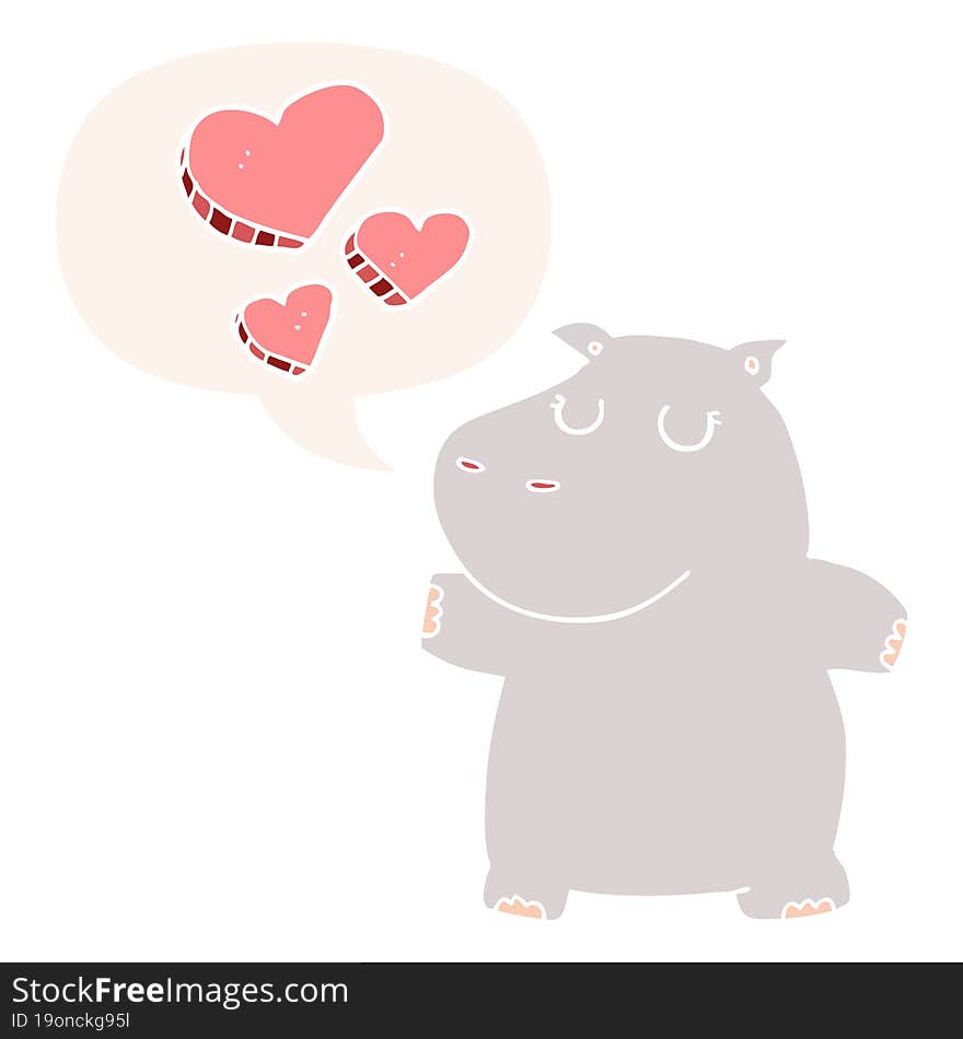 cartoon hippo in love with speech bubble in retro style