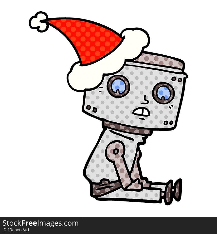 Comic Book Style Illustration Of A Robot Wearing Santa Hat