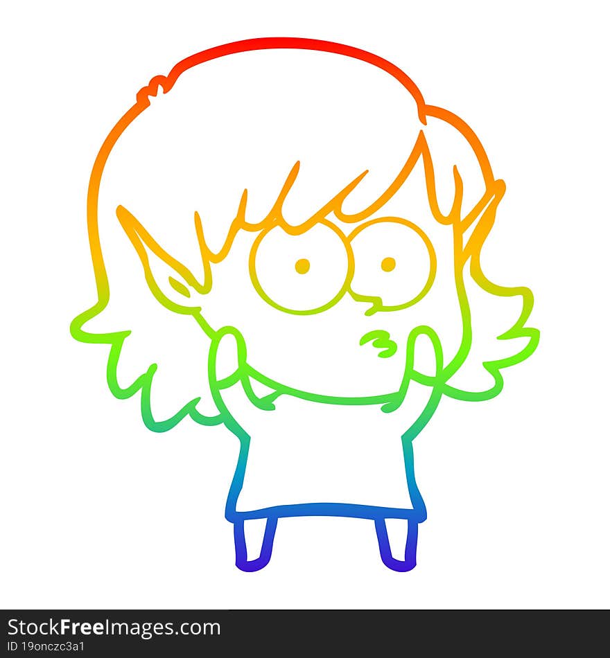 Rainbow Gradient Line Drawing Cartoon Elf Girl Staring