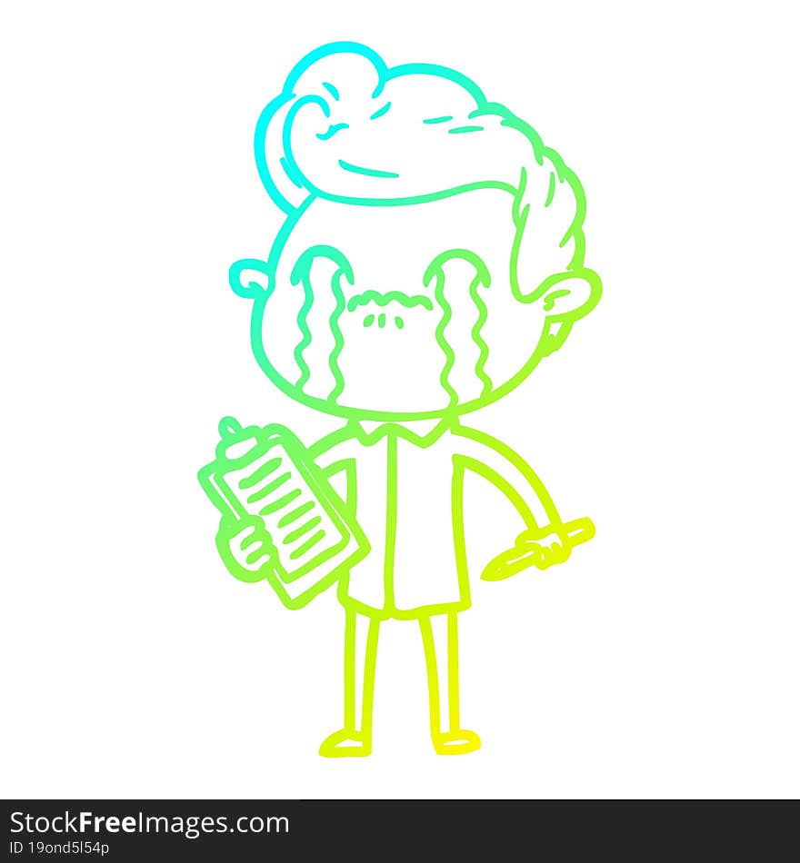 cold gradient line drawing of a cartoon man crying