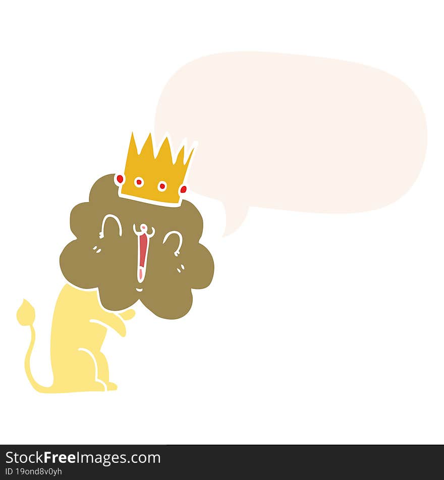 Cartoon Lion And Crown And Speech Bubble In Retro Style