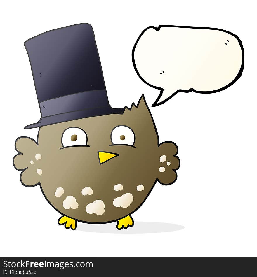 freehand drawn speech bubble cartoon little owl with top hat