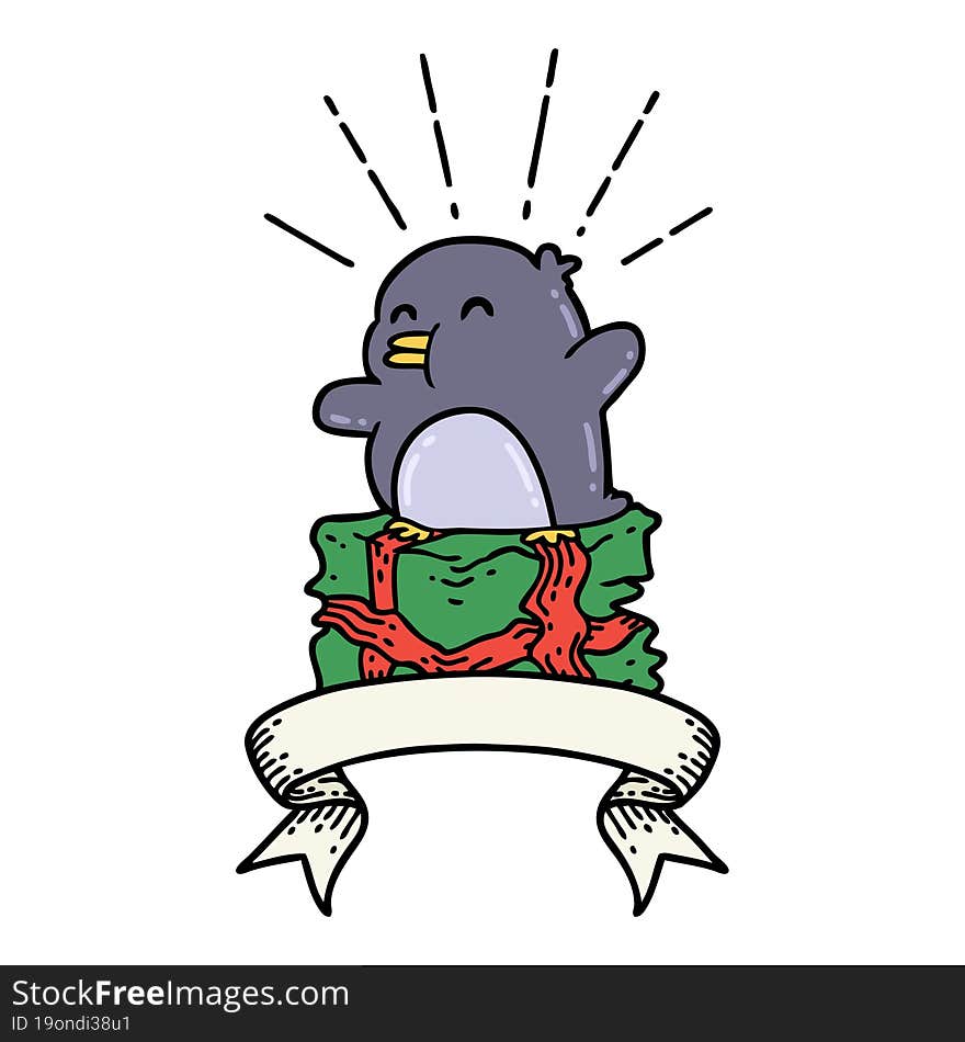 banner with tattoo style penguin sitting on present