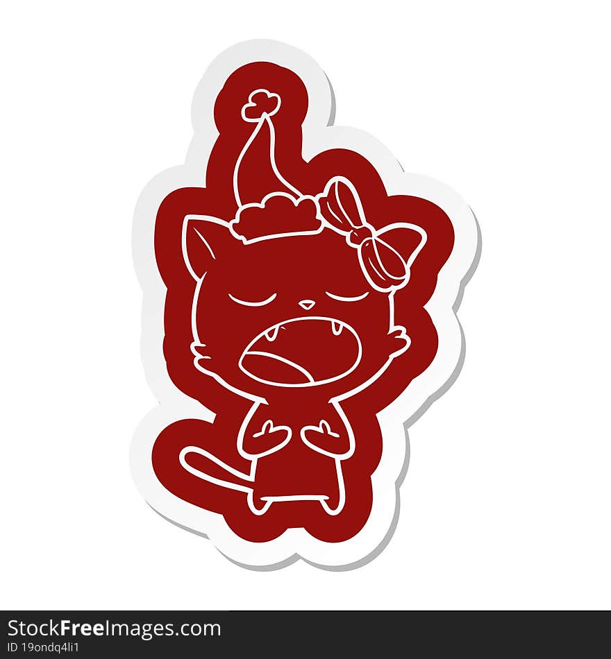 cartoon  sticker of a cat meowing wearing santa hat