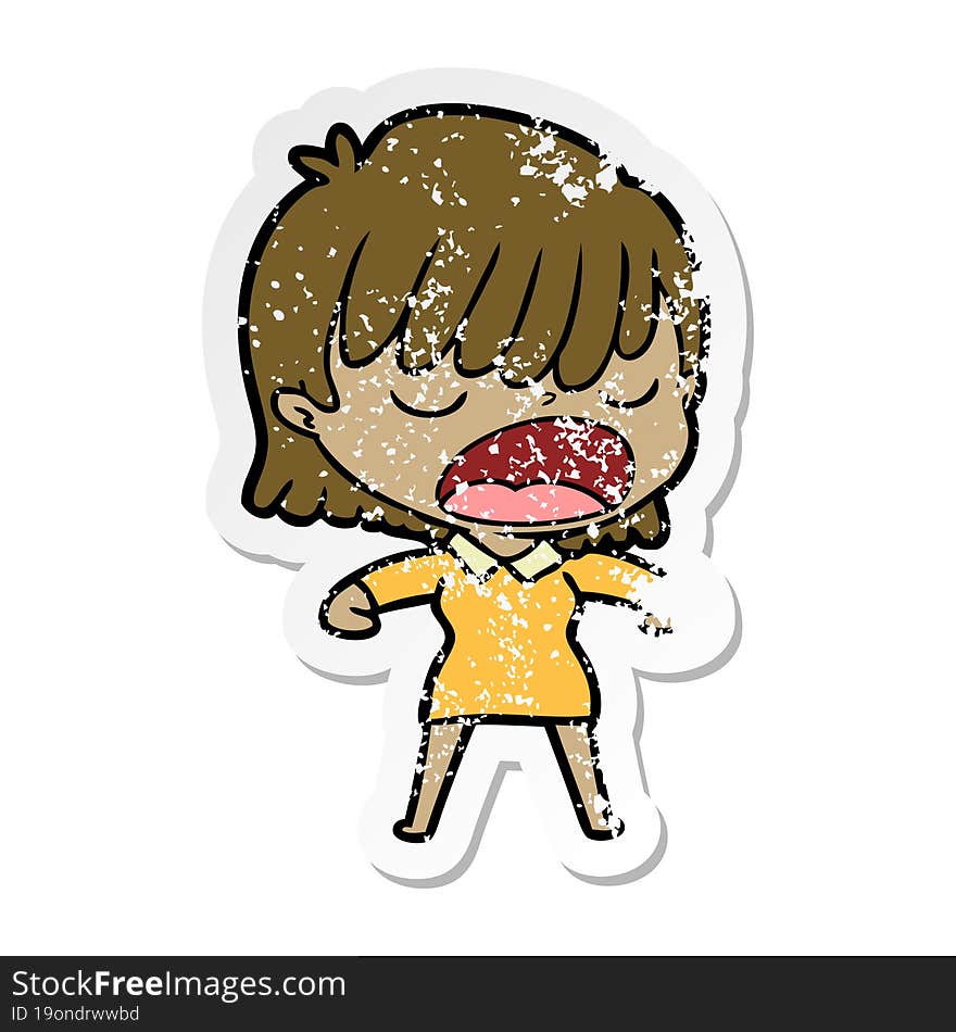 distressed sticker of a cartoon woman talking loudly