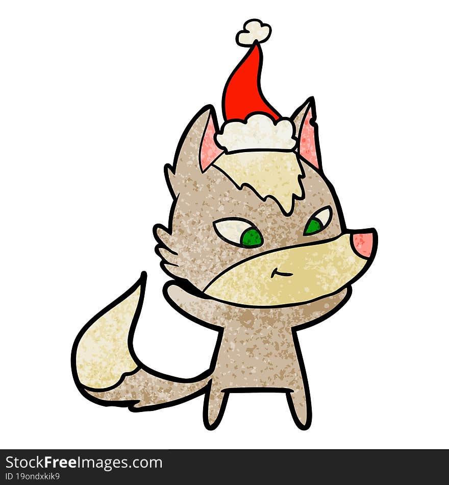 Friendly Textured Cartoon Of A Wolf Wearing Santa Hat