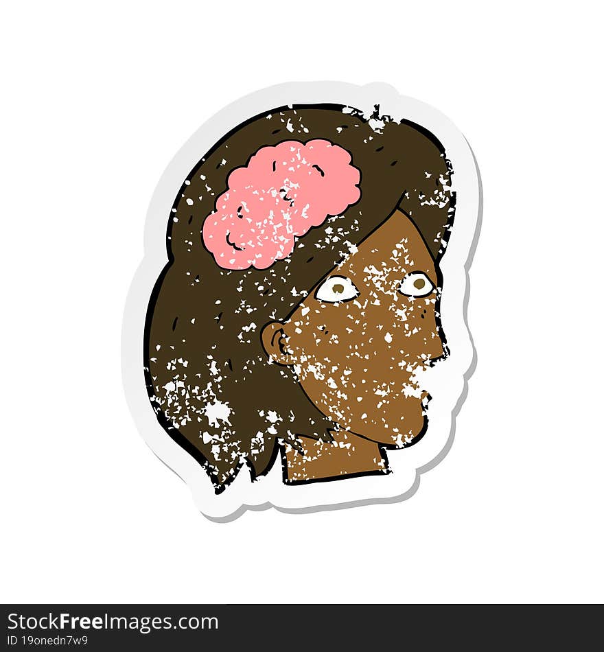 retro distressed sticker of a cartoon female head with brain symbol