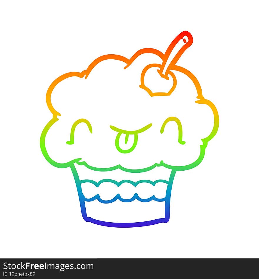 rainbow gradient line drawing of a funny cupcake