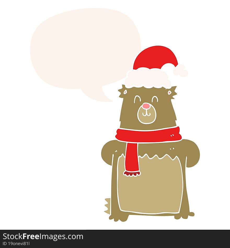 Cartoon Bear Wearing Christmas Hat And Speech Bubble In Retro Style