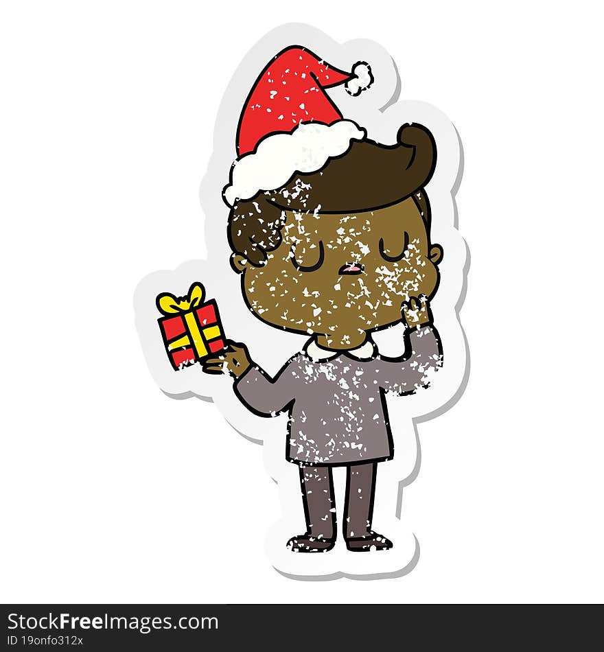 hand drawn distressed sticker cartoon of a man wondering wearing santa hat
